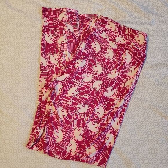 LULAROE DISNEY MICKEY TALL AND CURVY LEGGINGS PINK AND CREAM - Picture 1 of 2
